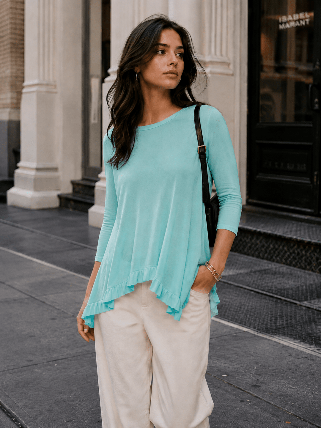 WOMEN'S SHORT SLEEVES RUFFLE BOTTOM HEM TUNIC HIGH-LOW TOP