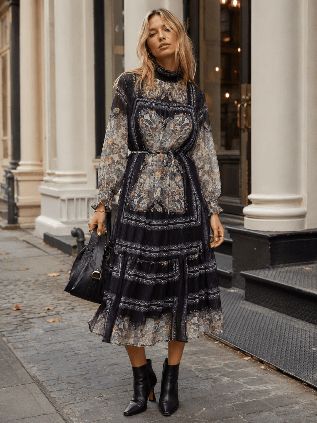 WOMEN'S LONG SLEEVE MOCK NECK SMOCK SELF TIE MULTI PRINT MIDI DRESS