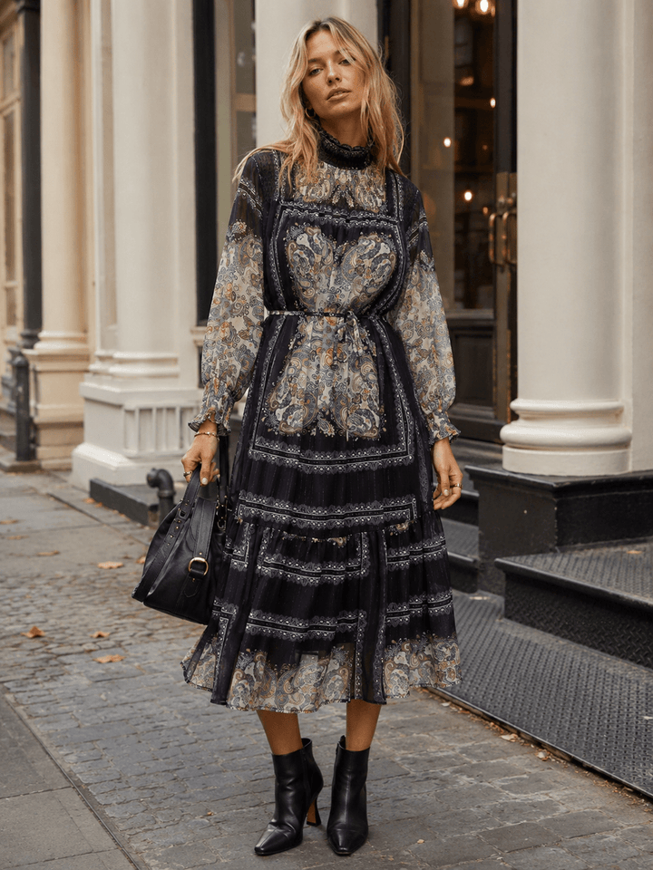 WOMEN'S LONG SLEEVE MOCK NECK SMOCK SELF TIE MULTI PRINT MIDI DRESS