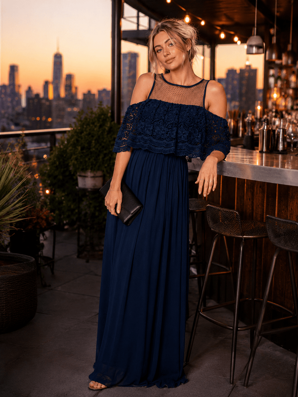 WOMEN'S OFF SHOULDER RUFFLE CROCHET PLEATED MAXI DRESS
