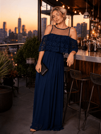 WOMEN'S OFF SHOULDER RUFFLE CROCHET PLEATED MAXI DRESS