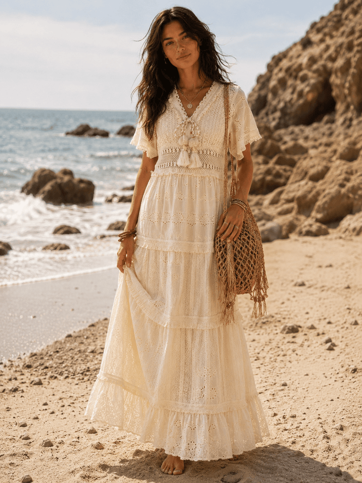 WOMEN'S SHORT BELL SLEEVE V-NECK TIERED CROCHET LACE MAXI DRESS