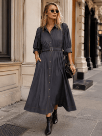 WOMEN'S SHORT SLEEVE BUTTON UP FRONT POCKETS BELTED MAXI DRESS