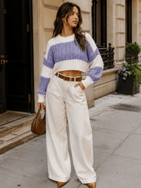 WOMEN'S LONG SLEEVE COLORBLOCK KNIT PULLOVER CROP SWEATER