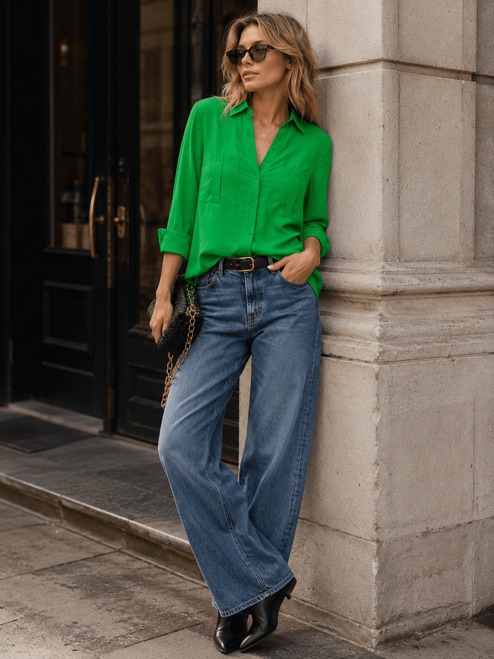 WOMEN'S LONG SLEEVE BUTTON UP FRONT POCKETS BLOUSE