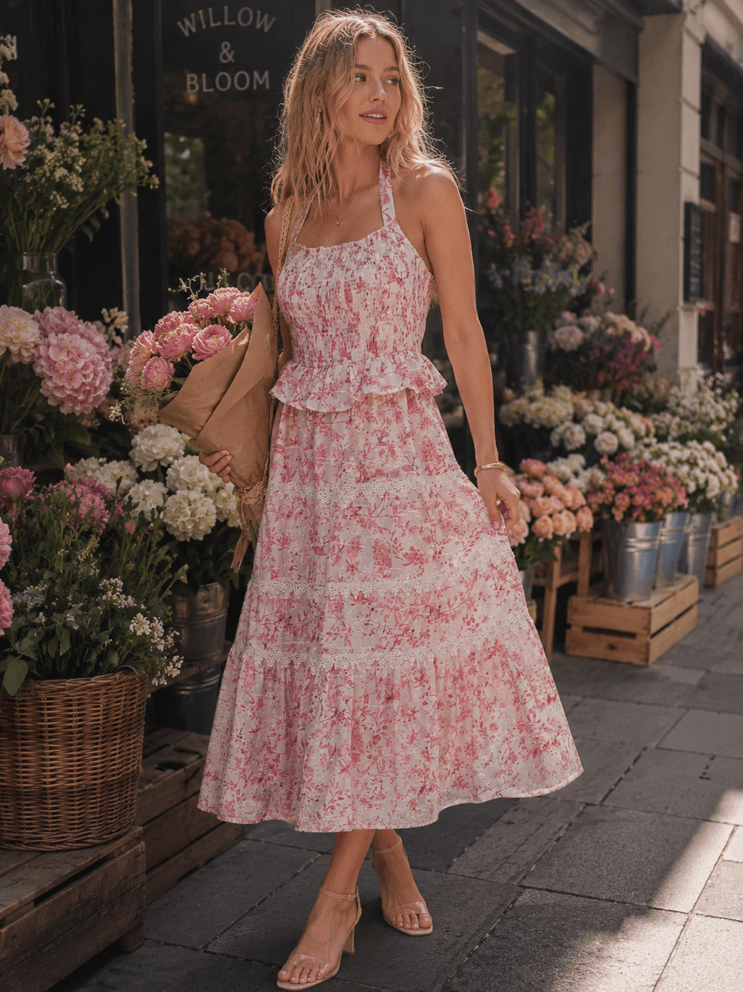 JUST ME WOMEN'S SLEEVELESS HALTER NECK OPEN BACK FLORAL CROCHET TIERED MAXI DRESS