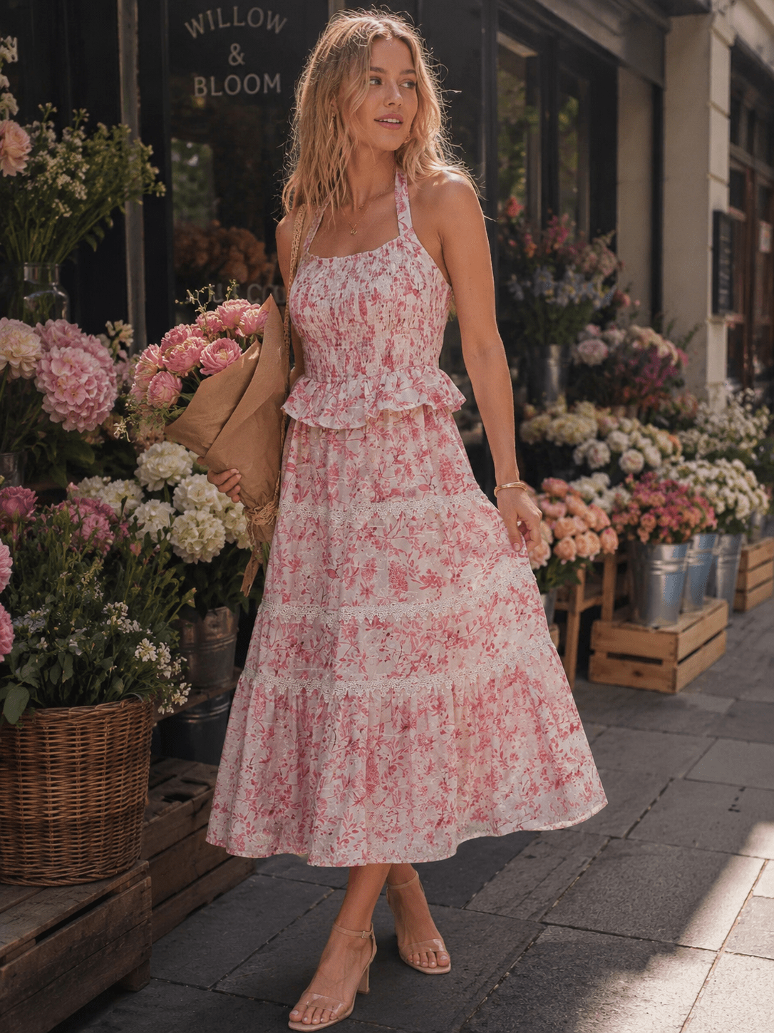 JUST ME WOMEN'S SLEEVELESS HALTER NECK OPEN BACK FLORAL CROCHET TIERED MAXI DRESS