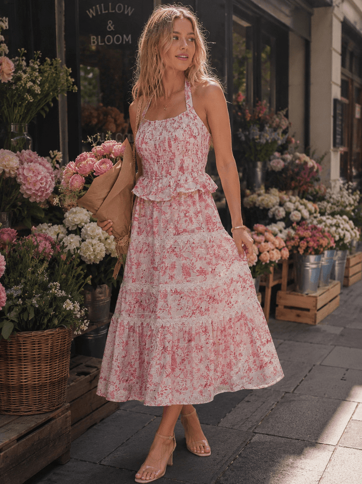 JUST ME WOMEN'S SLEEVELESS HALTER NECK OPEN BACK FLORAL CROCHET TIERED MAXI DRESS