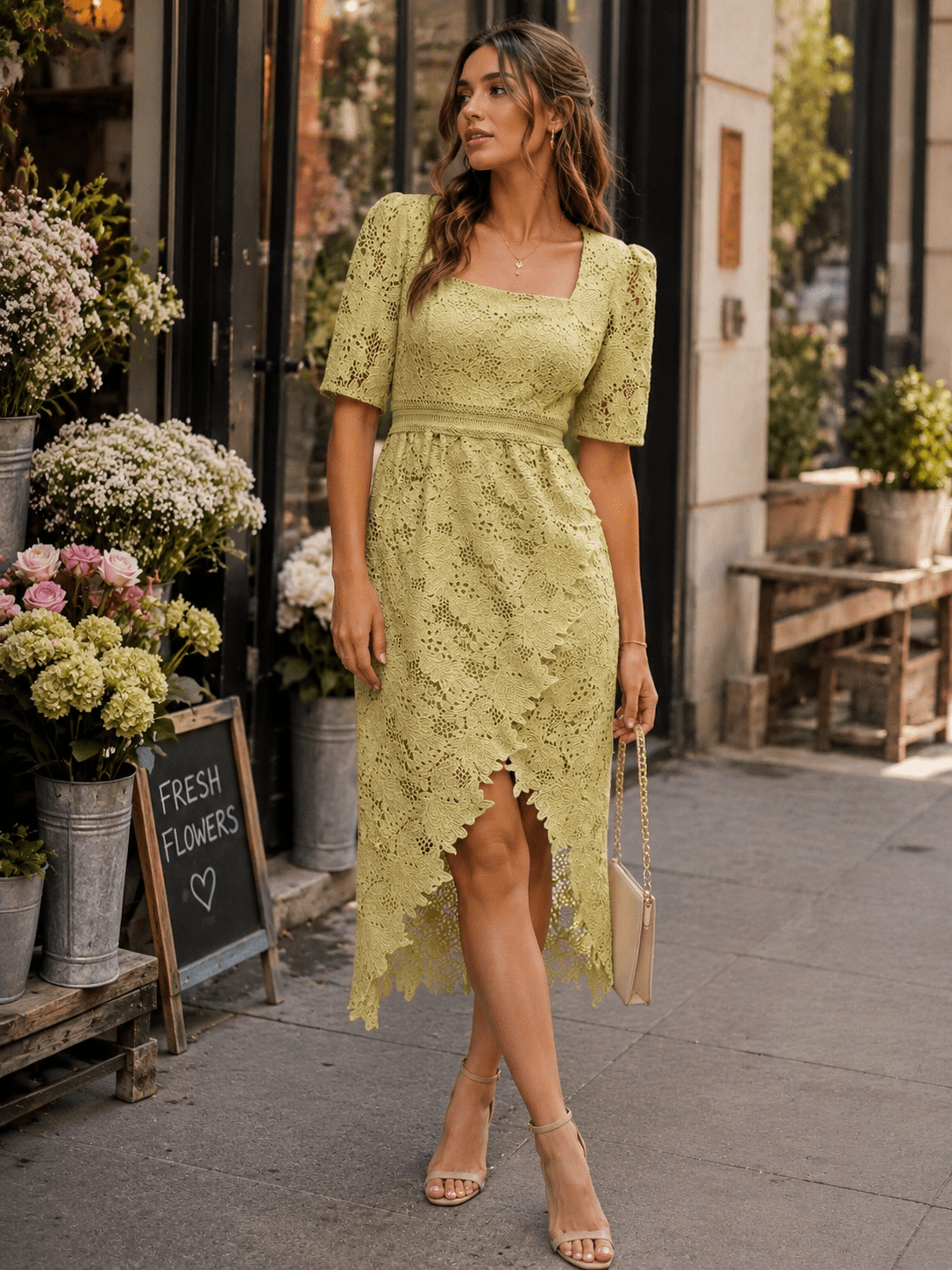 JUST ME WOMEN'S SHORT SLEEVE SQUARE NECK SURPLICE CROCHET MIDI DRESS