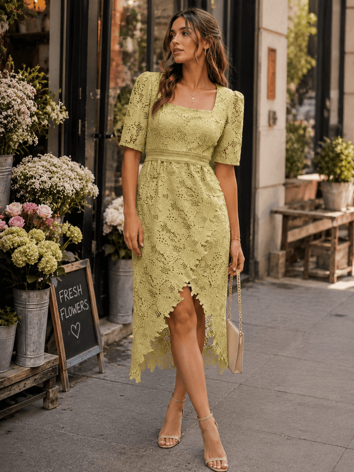 JUST ME WOMEN'S SHORT SLEEVE SQUARE NECK SURPLICE CROCHET MIDI DRESS