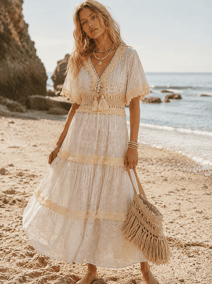 WOMEN'S SHORT BELL SLEEVE V-NECK TIERED CROCHET LACE MAXI DRESS
