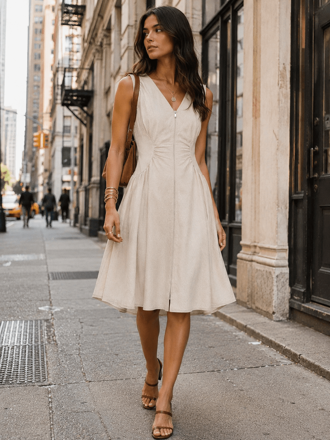 WOMEN'S SLEEVELESS V-NECK ZIP UP FIT & FLARE LINEN MIDI DRESS