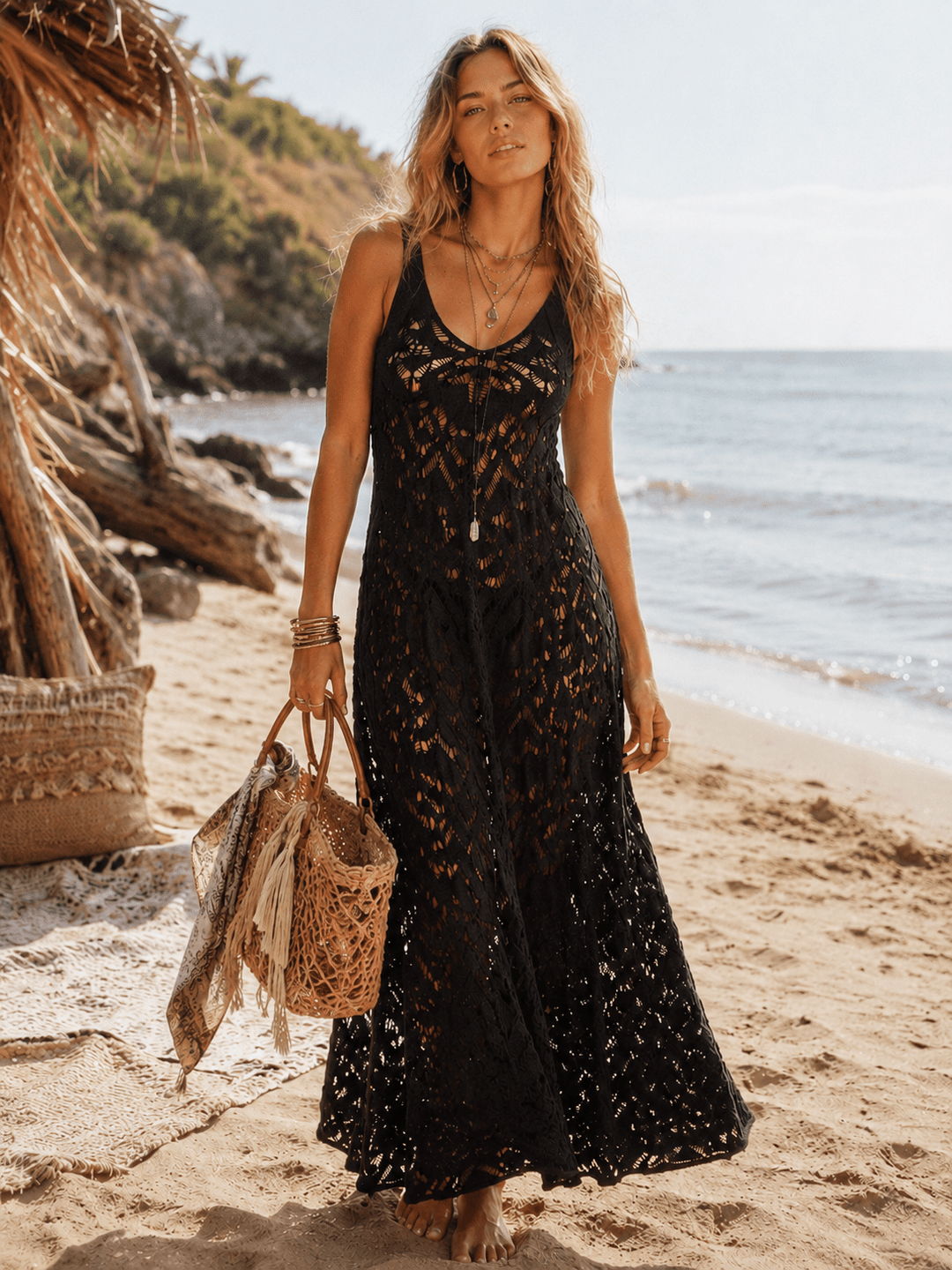WOMEN'S SLEEVELESS V-NECK FIT & FLARE CROCHET MAXI DRESS