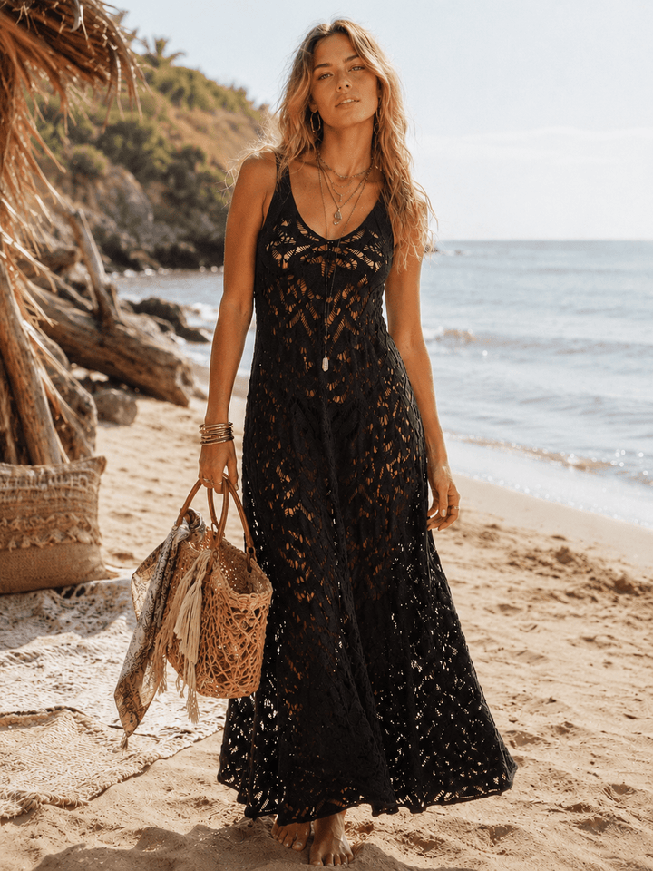 WOMEN'S SLEEVELESS V-NECK FIT & FLARE CROCHET MAXI DRESS
