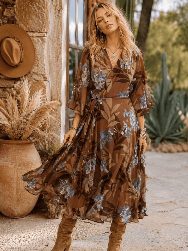 WOMEN'S 3/4 SLEEVE V-NECK SELF TIE FLORAL WRAP MAXI DRESS