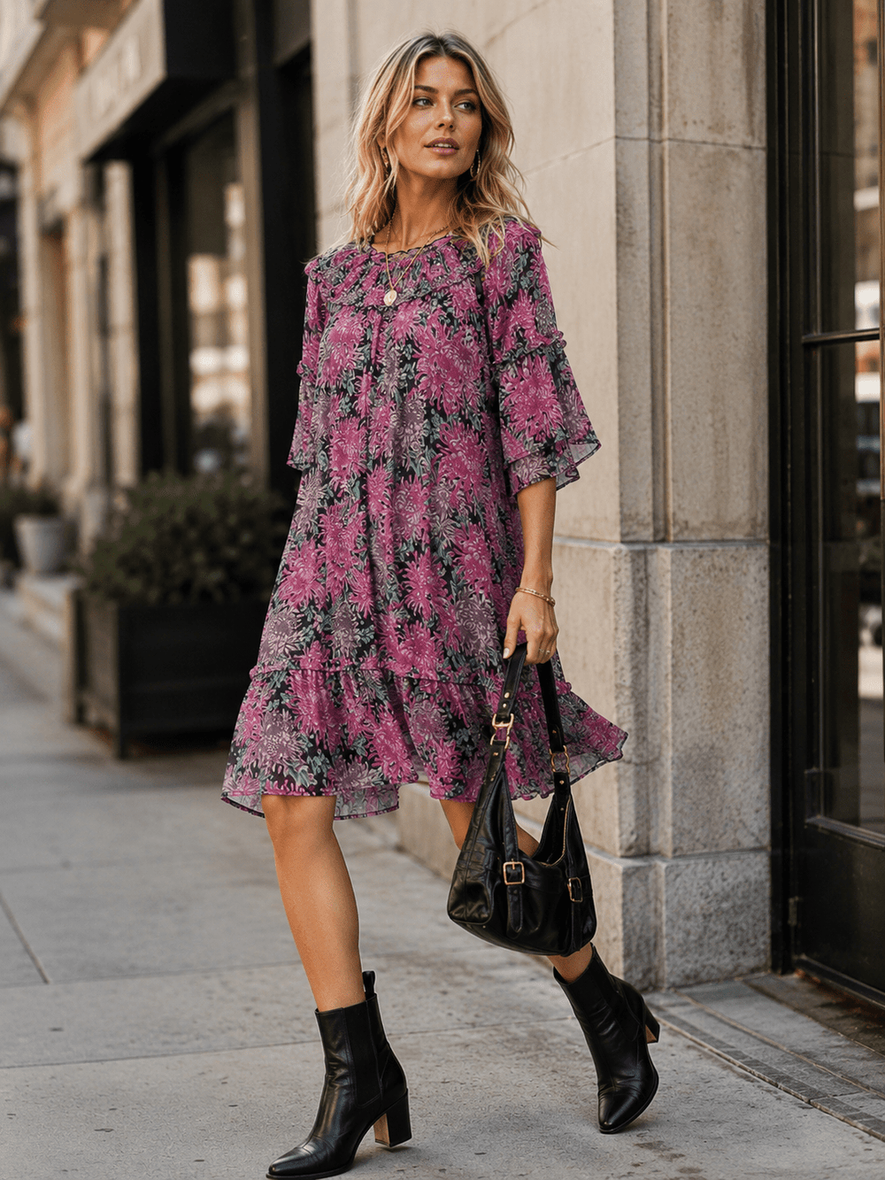 WOMEN'S SHORT SLEEVE FLORAL TUNIC MIDI DRESS