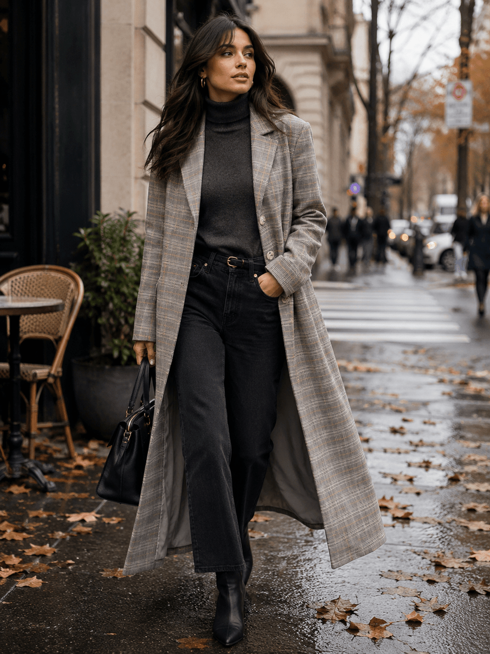WOMEN'S LONG SLEEVE BUTTON CLOSURE FRONT POCKETS PLAID COAT