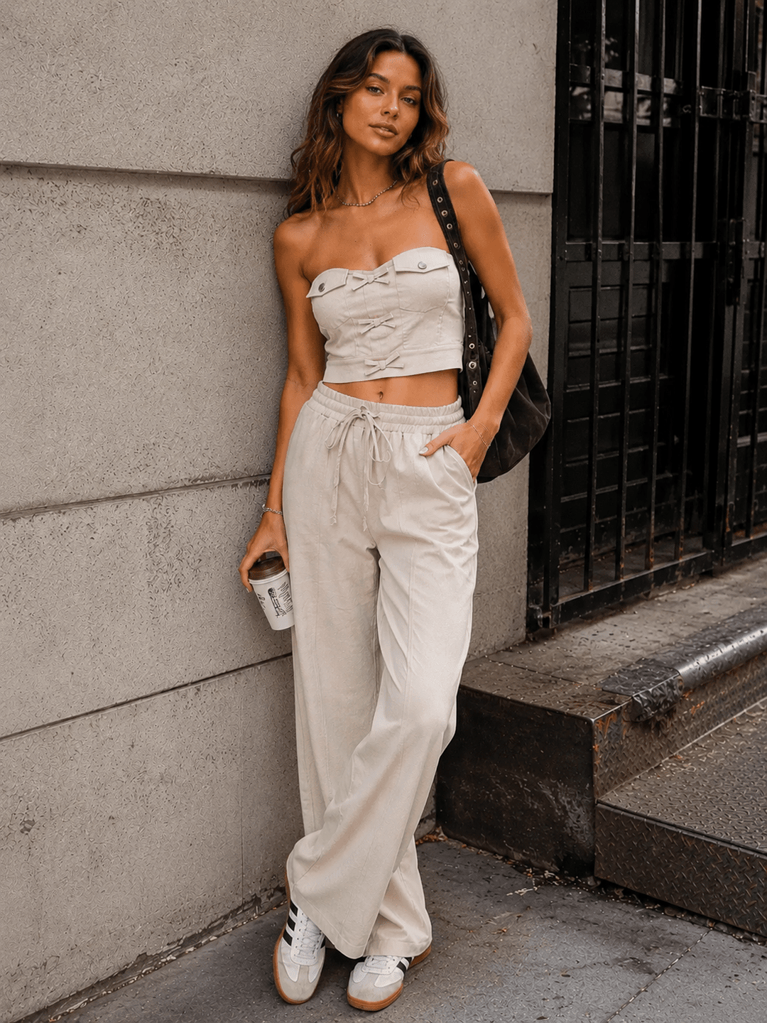 WOMEN'S SLEEVELESS CROP TOP & ELASTIC WAIST PANTS STRETCH DENIM 2PC. SET