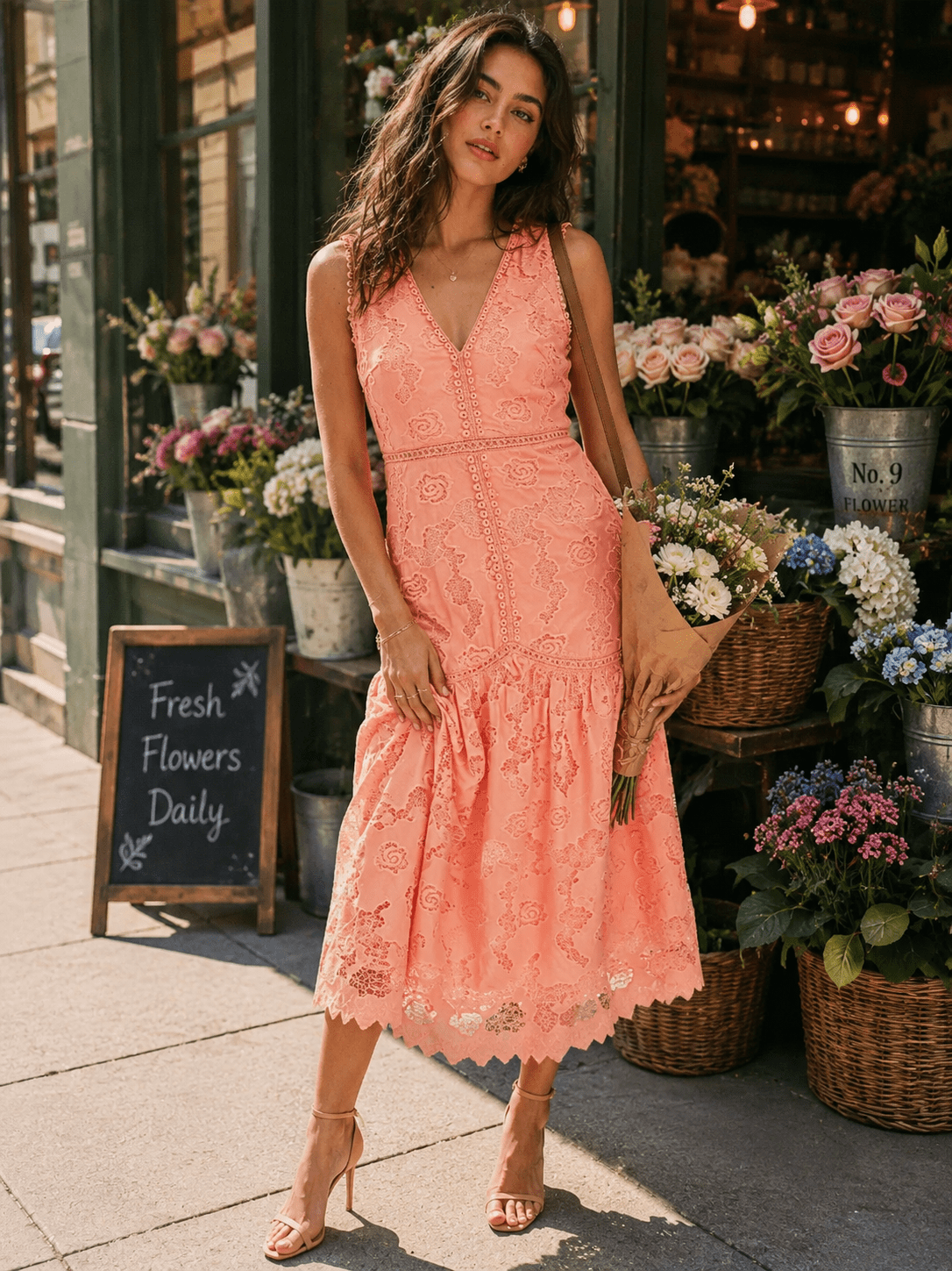 JUST ME WOMEN'S SLEEVELESS V-NECK CROCHET FLORAL TIERED MAXI DRESS