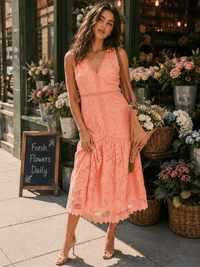 JUST ME WOMEN'S SLEEVELESS V-NECK CROCHET FLORAL TIERED MAXI DRESS