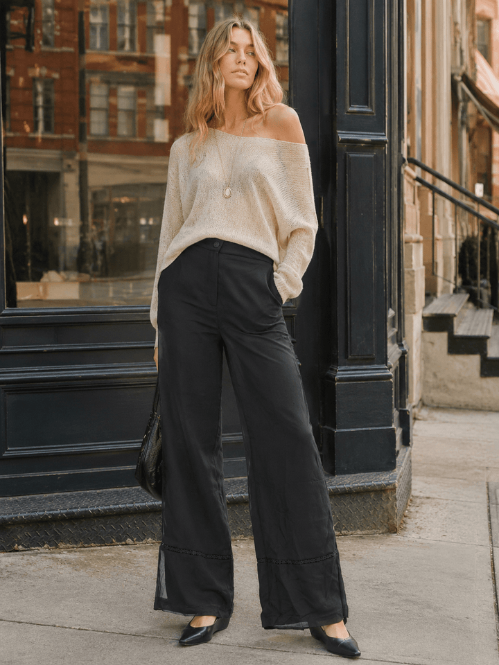 WOMEN'S BUTTON CLOSURE FRONT POCKETS WIDE LEG PANTS