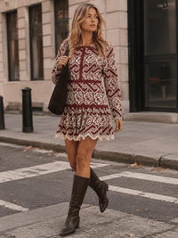 JUST ME WOMEN'S LONG SLEEVE FLORAL CROCHET MINI DRESS