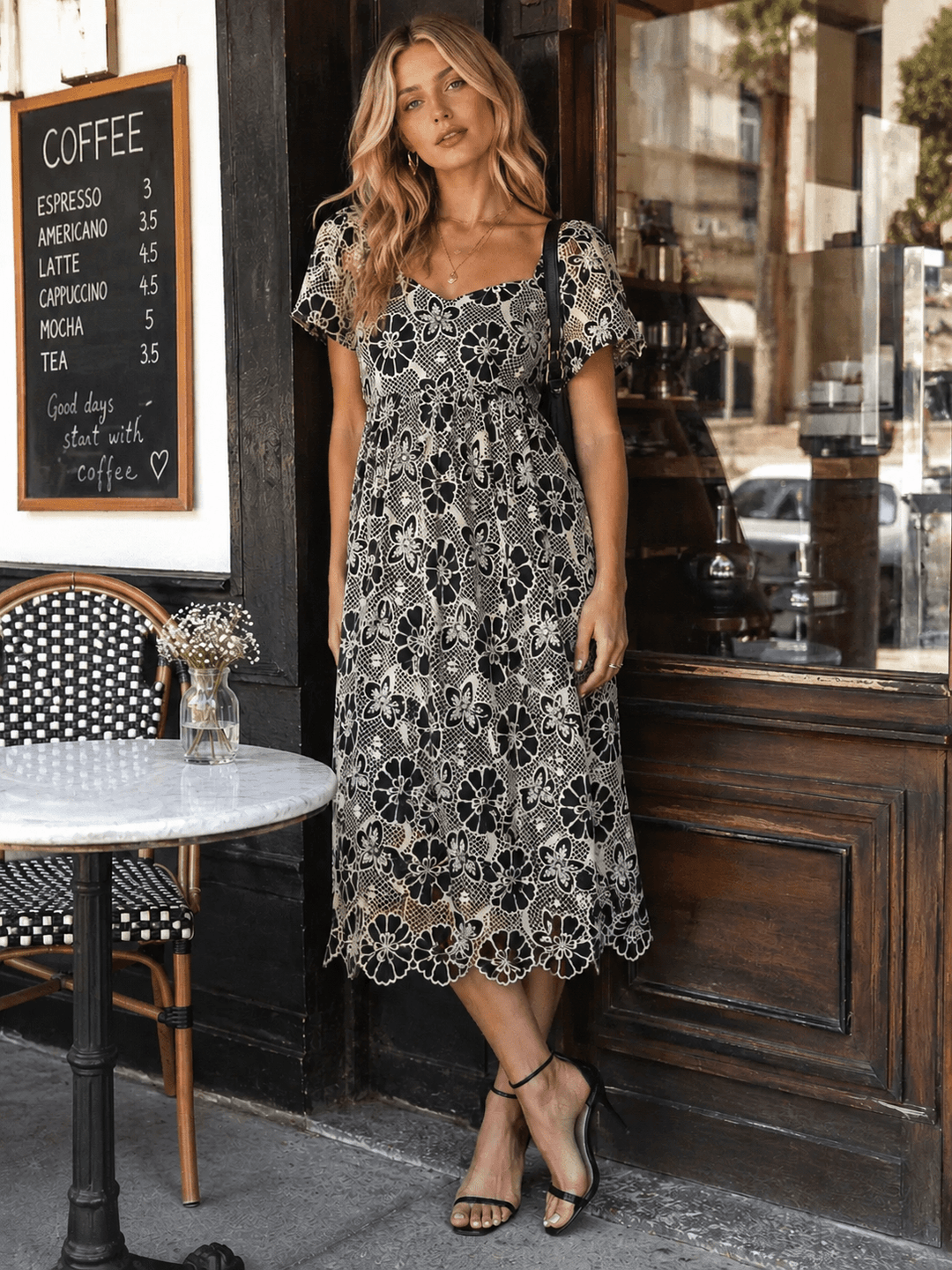 JUST ME WOMEN'S SHORT SLEEVE BACK TIE FLORAL CROCHET MAXI DRESS