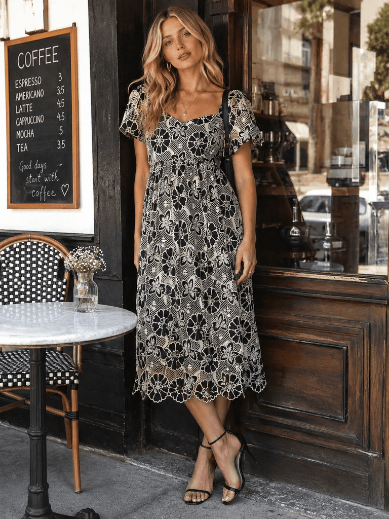 JUST ME WOMEN'S SHORT SLEEVE BACK TIE FLORAL CROCHET MAXI DRESS –