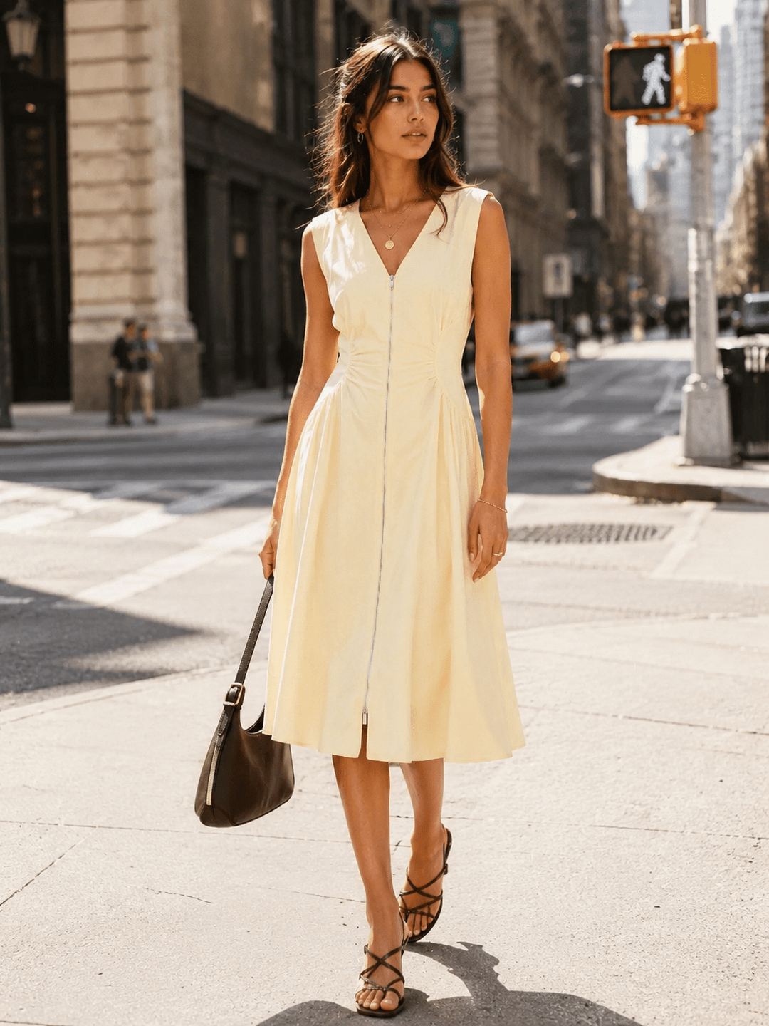 WOMEN'S SLEEVELESS V-NECK ZIP UP FIT & FLARE LINEN MIDI DRESS