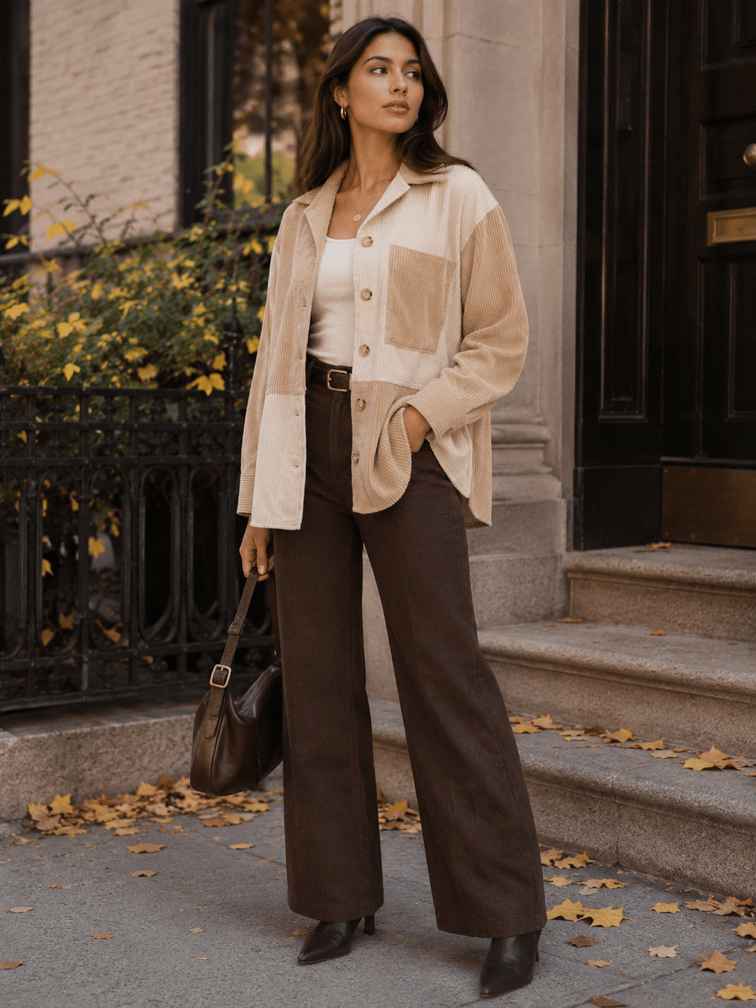 WOMEN'S LONG SLEEVE BUTTON UP FRONT POCKET CORDUROY COLORBLOCK SHACKET