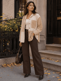 WOMEN'S LONG SLEEVE BUTTON UP FRONT POCKET CORDUROY COLORBLOCK SHACKET