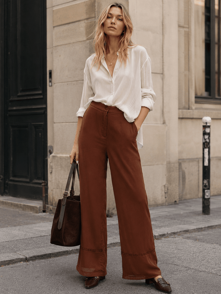 WOMEN'S BUTTON CLOSURE FRONT POCKETS WIDE LEG PANTS