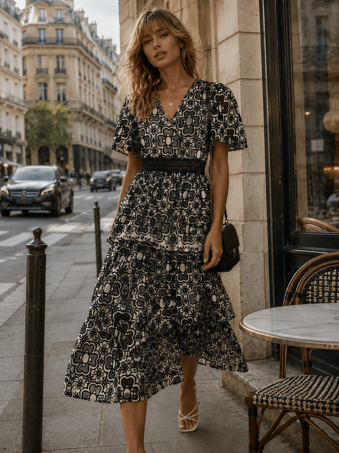 JUST ME WOMEN'S SHORT SLEEVE V-NECK SURPLICE FLORAL CROCHET TIERED MAXI DRESS