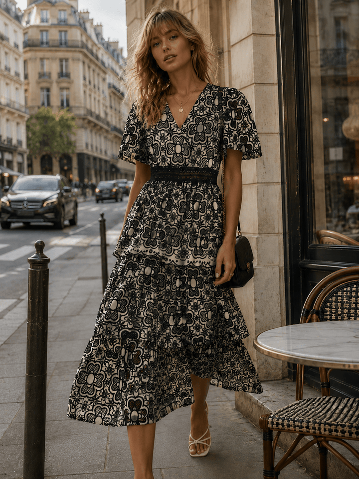 JUST ME WOMEN'S SHORT SLEEVE V-NECK SURPLICE FLORAL CROCHET TIERED MAXI DRESS