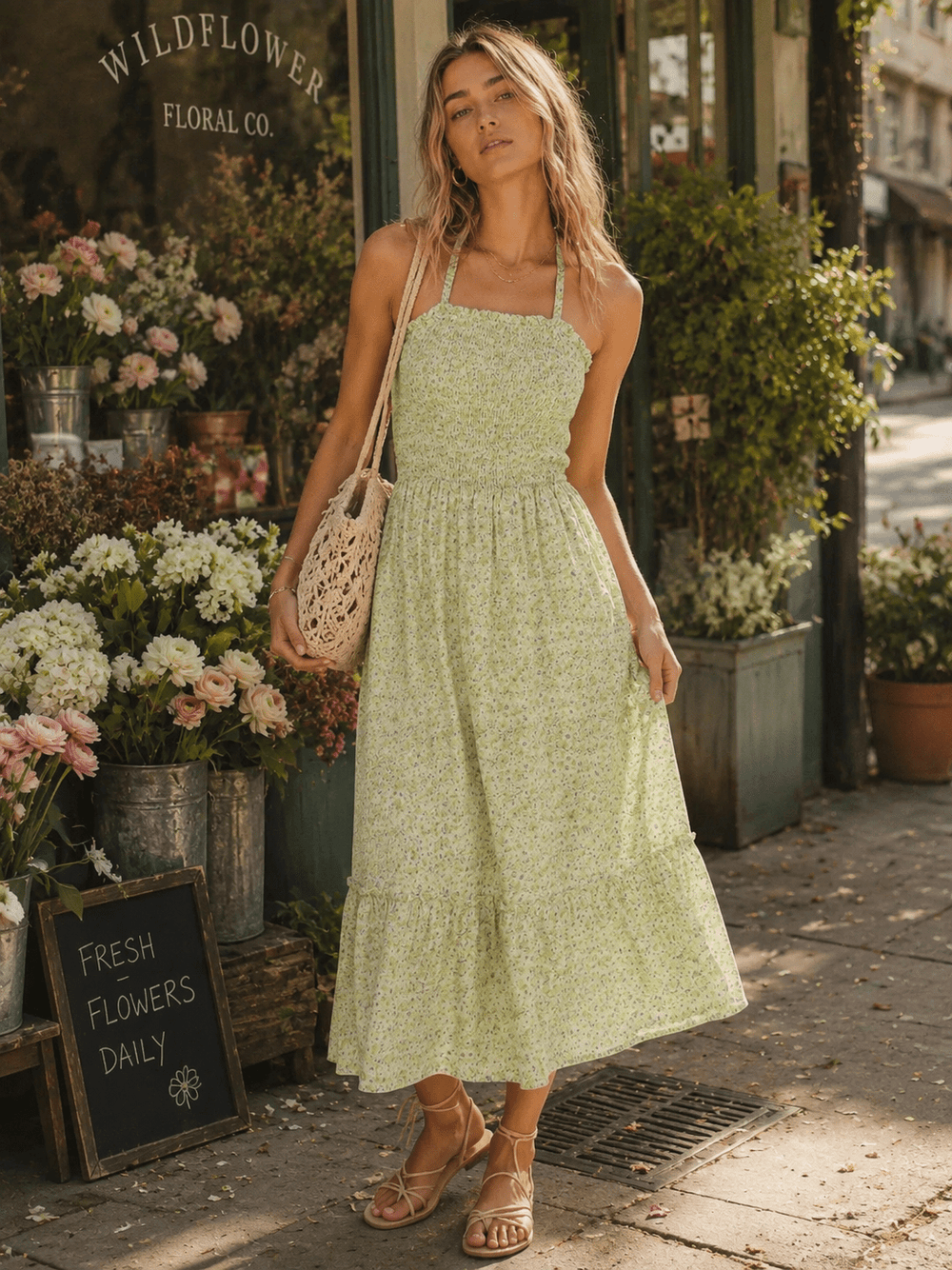 JUST ME WOMEN'S SLEEVELESS POCKETS SMOCK HALTER NECK FLORAL MAXI DRESS