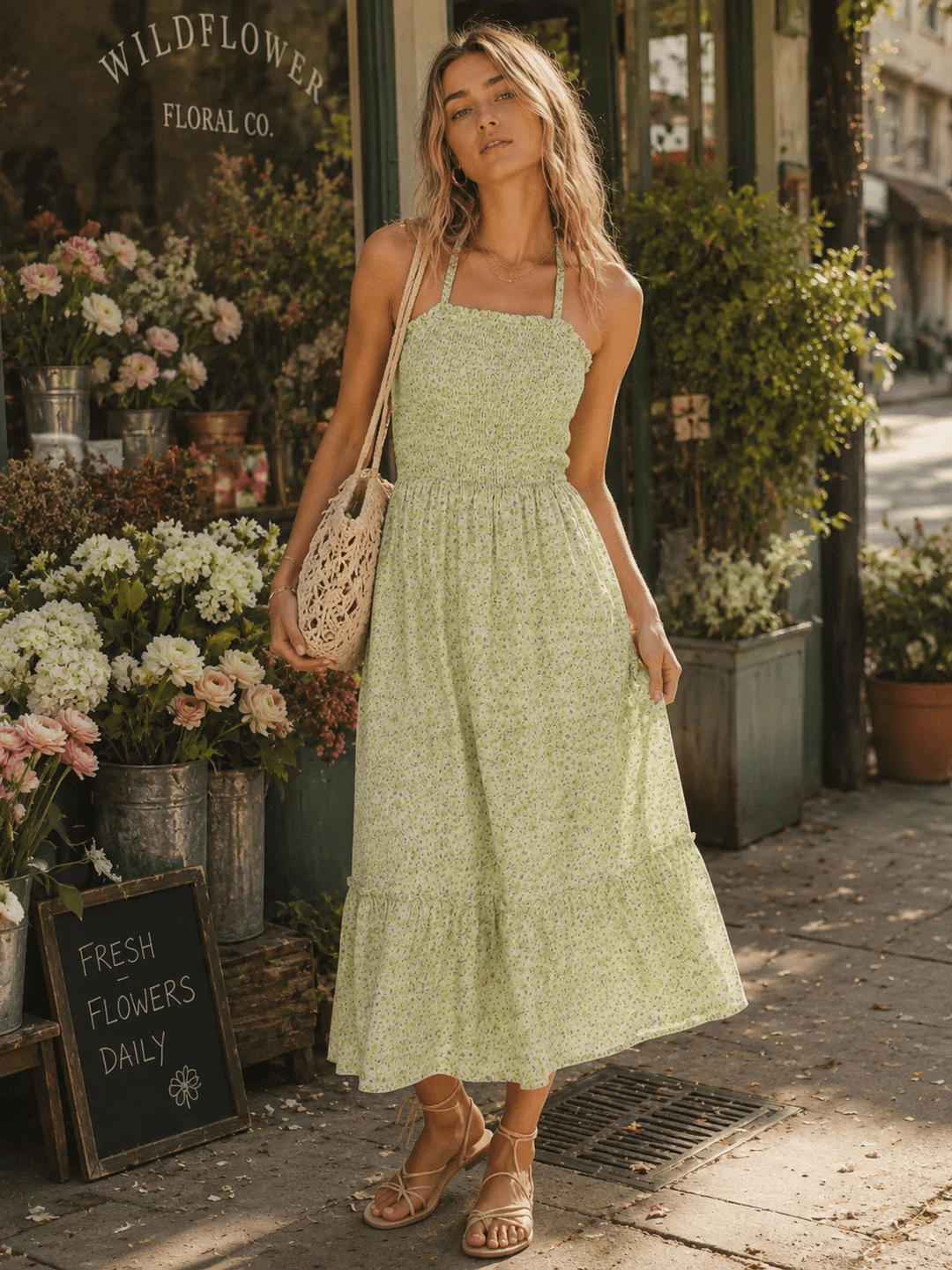 JUST ME WOMEN'S SLEEVELESS POCKETS SMOCK HALTER NECK FLORAL MAXI DRESS