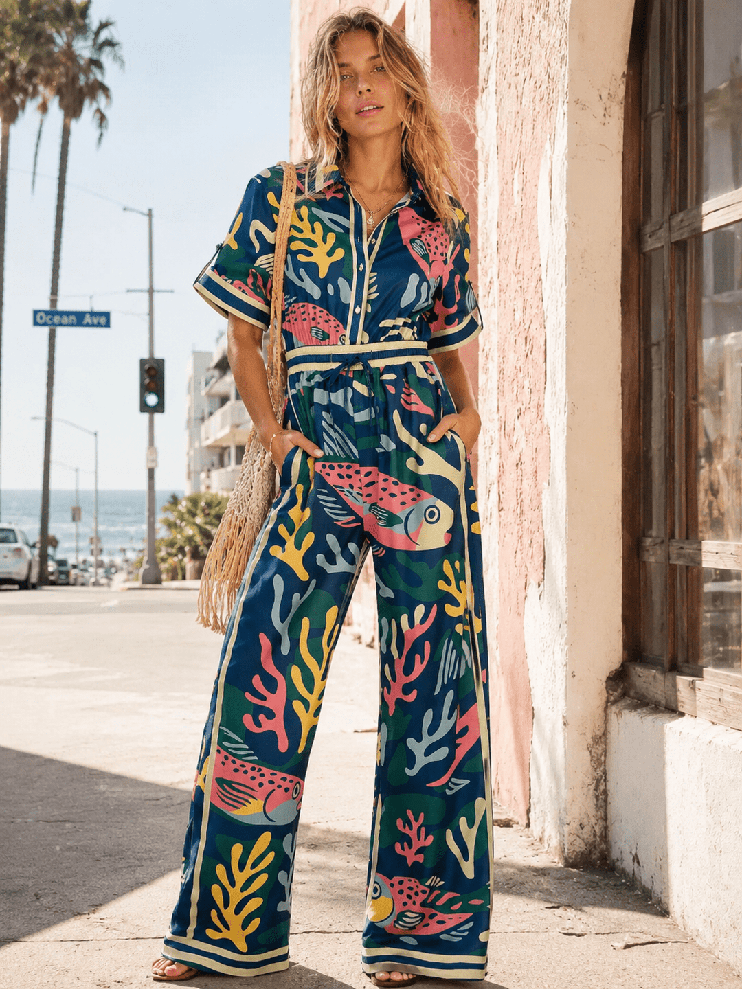 WOMEN'S SHORT SLEEVE BUTTON UP ELASTIC WAIST POCKETS WIDE LEG MULTI PRINT JUMPSUIT