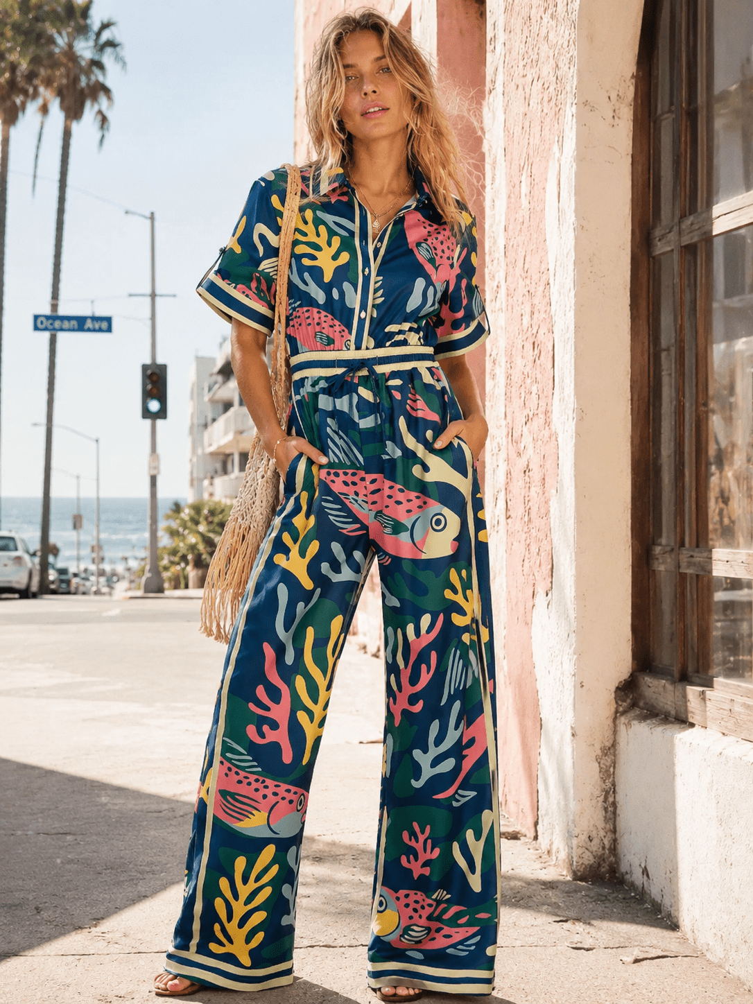 WOMEN'S SHORT SLEEVE BUTTON UP ELASTIC WAIST POCKETS WIDE LEG MULTI PRINT JUMPSUIT