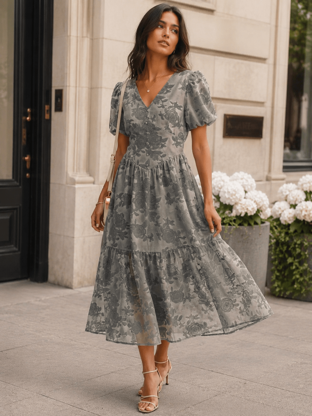 JUST ME WOMEN'S SHORT PUFF SLEEVE V-NECK ELASTIC WAIST FLORAL MAXI DRESS