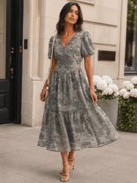JUST ME WOMEN'S SHORT PUFF SLEEVE V-NECK ELASTIC WAIST FLORAL MAXI DRESS