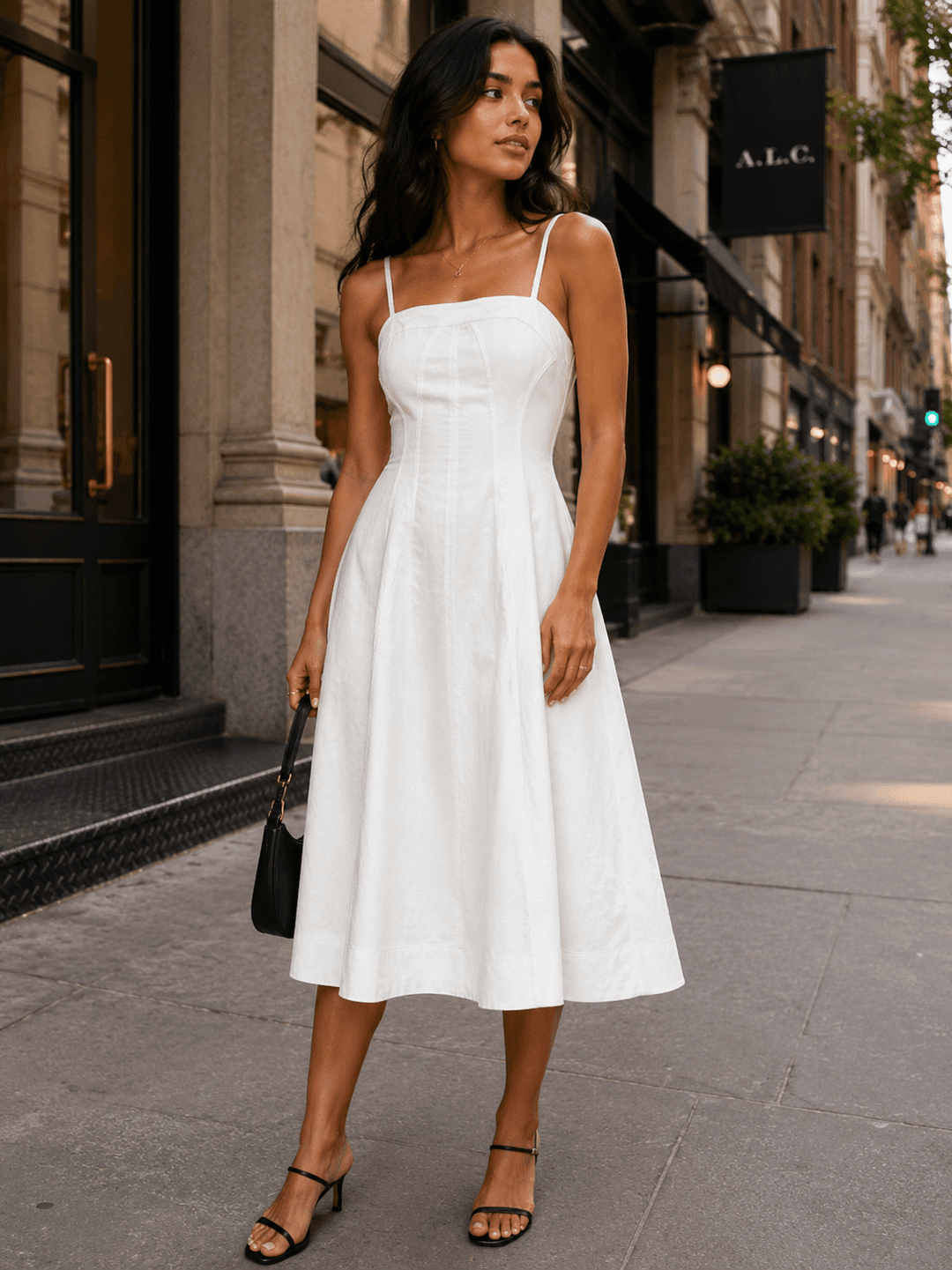 WOMEN'S SLEEVELESS SQUARE NECK FIT & FLARE DENIM STRETCH MIDI DRESS