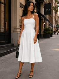 WOMEN'S SLEEVELESS SQUARE NECK FIT & FLARE DENIM STRETCH MIDI DRESS