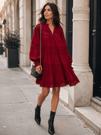 WOMEN'S LONG SLEEVE V-NECK TIERED LOOSE FIT CROCHET MINI DRESS