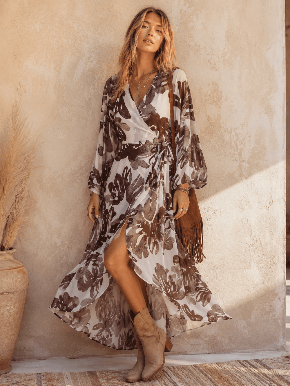 WOMEN'S LONG BELL SLEEVE V-NECK HIGH-LOW FLORAL WRAP MAXI DRESS
