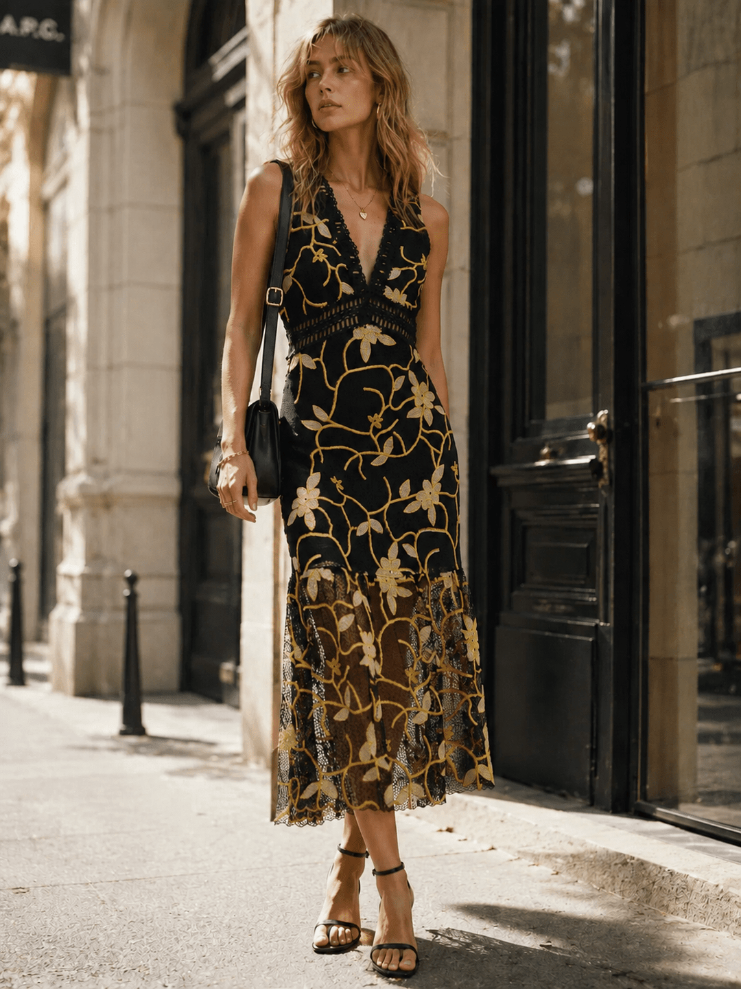 JUST ME WOMEN'S SLEEVELESS V-NECK OPEN BACK BODYCON FLORAL CROCHET MAXI DRESS
