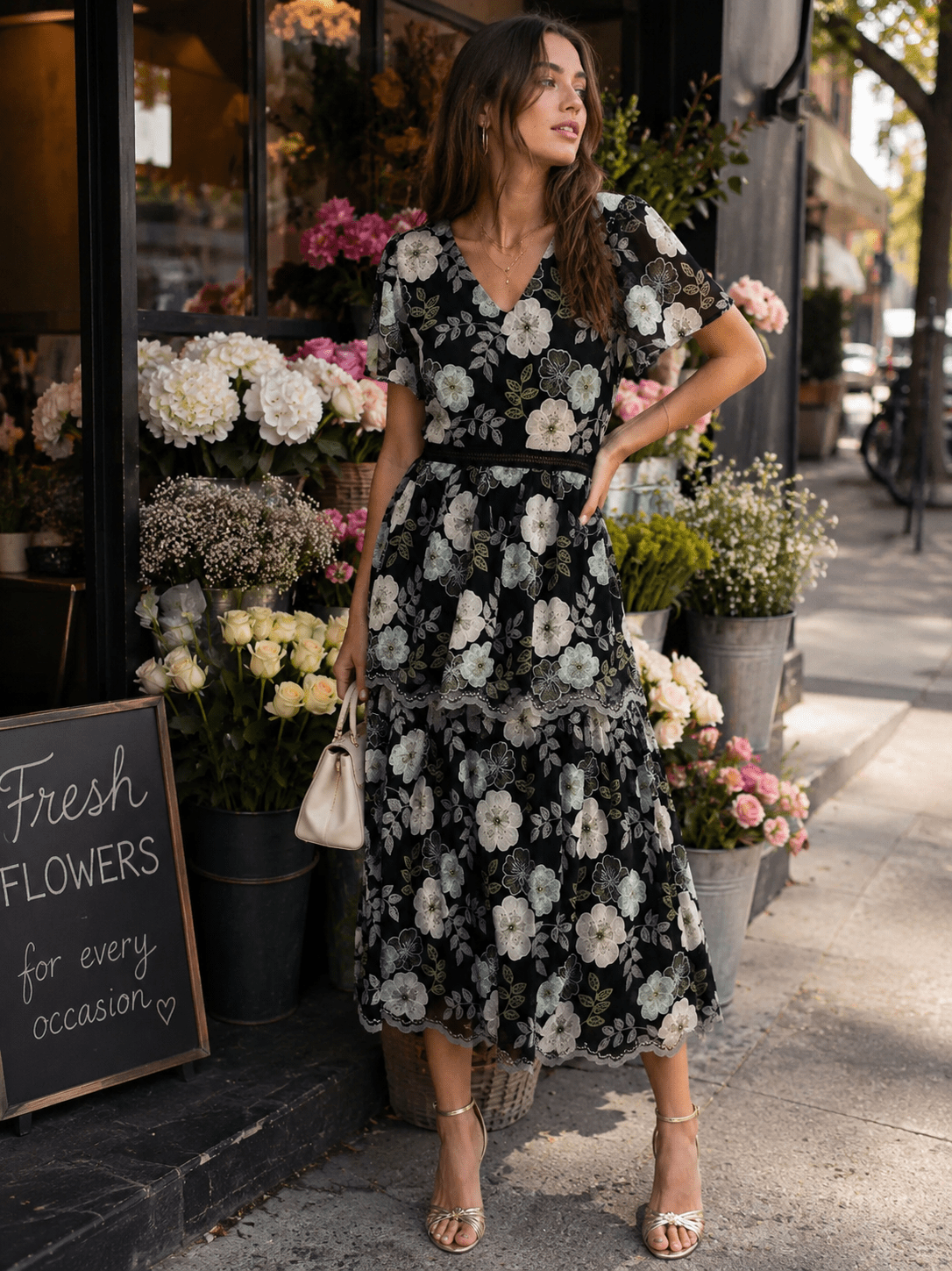 JUST ME WOMEN'S SHORT PUFF SLEEVE V-NECK TIERED EMBROIDERY FLORAL MAXI DRESS