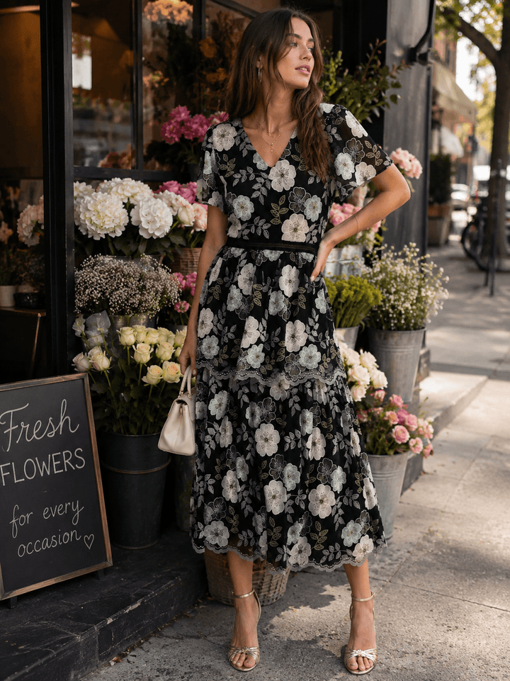 JUST ME WOMEN'S SHORT PUFF SLEEVE V-NECK TIERED EMBROIDERY FLORAL MAXI DRESS
