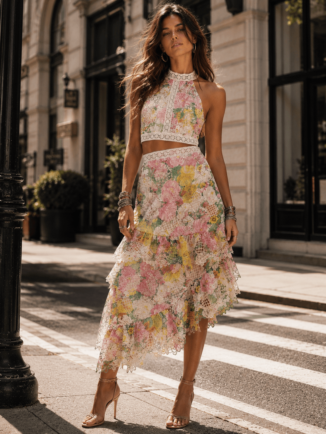 JUST ME WOMEN'S HALTER NECK TOP & ZIP UP HIGH LOW MAXI SKIRT FLORAL CROCHET 2PC. SET