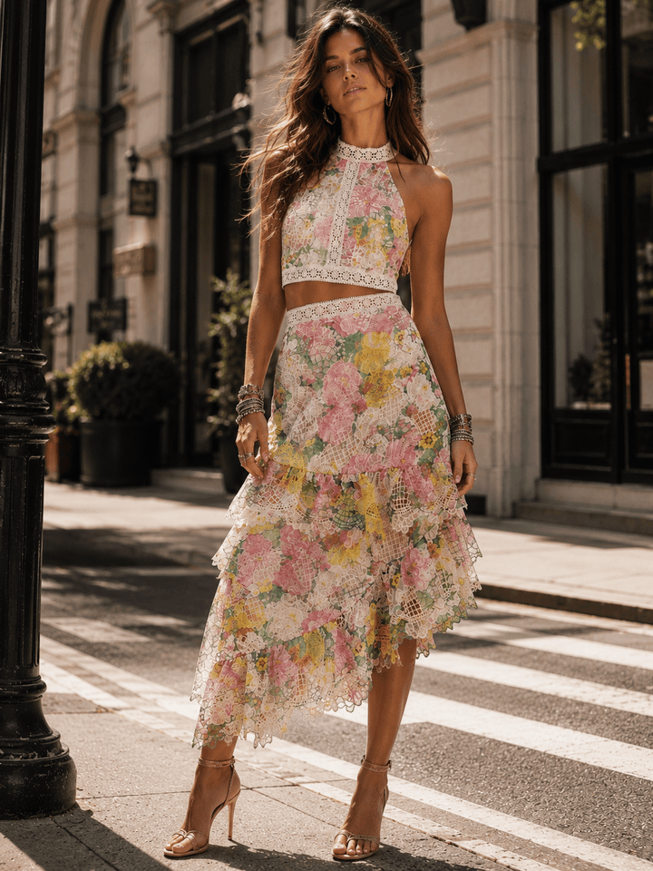 JUST ME WOMEN'S HALTER NECK TOP & ZIP UP HIGH LOW MAXI SKIRT FLORAL CROCHET 2PC. SET