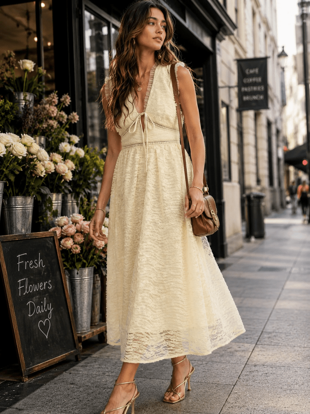JUST ME WOMEN'S SLEEVELESS V-NECK LACE DETAILED MAXI DRESS